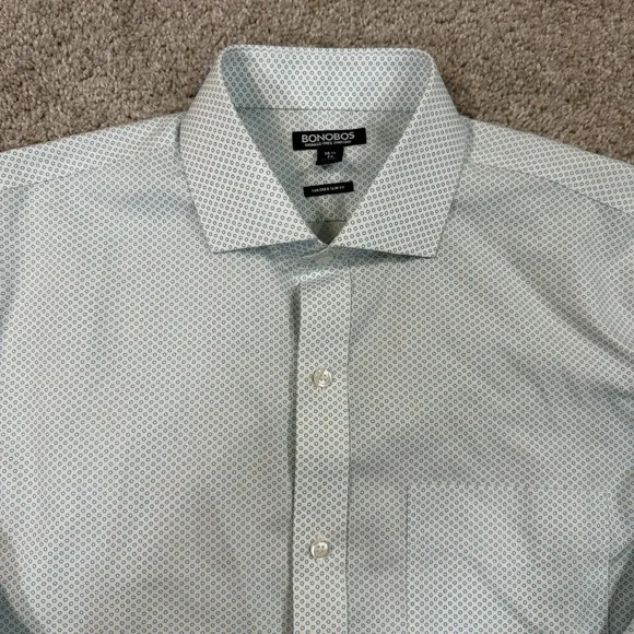 Bonobos Tailored Slim Fit Geometric Dress Shirt Green 16.5 34 Wrinkle Free - Picture 1 of 9